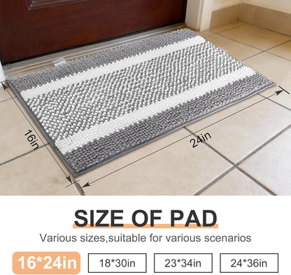 pobopobo Dog Door Mat for Muddy Paws - Absorbent & Washable Chenille Rug, Non-Slip Dirt Trapper for Indoor Outdoor Entryway, Quick Dry Pet Mat for Muddy Dogs (Striped Gray-Blue&White, 24" x 16")