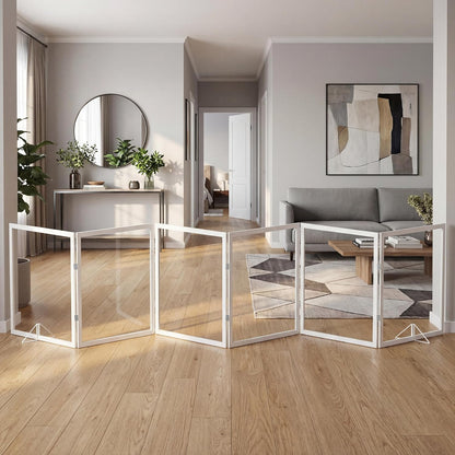 Extra Wide Clear Dog Gate，6 Panel (107.957" W*31.5" Tall) Wooden Dog Gate, Clear Acrylic Pet Gate，Transparent Freestanding Pet Gate for Doorways Stairs
