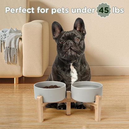 SPUNKYJUNKY Elevated Dog Bowls Ceramic, 6.1'' Dogs and Cat Food Water Bowls Raised with Non-Slip Bamboo Stand for Medium Sized Breed Microwave Dishwasher Safe - 28.7 OZ,Beige