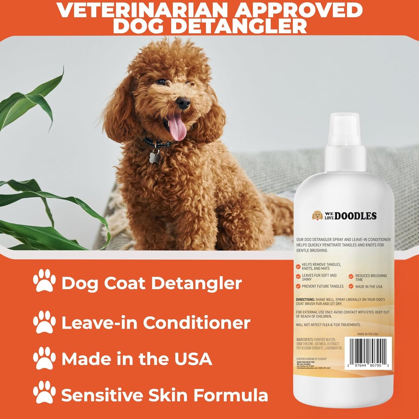 We Love Doodles Dog Detangler Spray - Leave-in Conditioner for Dogs - Dog Detangling Spray - Dematting Spray for Dogs - Tangle Remover - Made in The USA, Large 16 fl oz (Ocean Breeze)