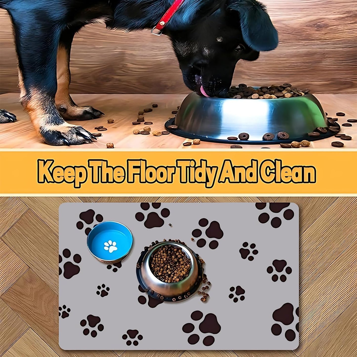 18"×30" Dog Food Mat-Absorbent Dog Mat for Food and Water, No Stains Quick Dry Cat Food Bowl Mat with Footprints for Messy Drinkers,Dark Grey