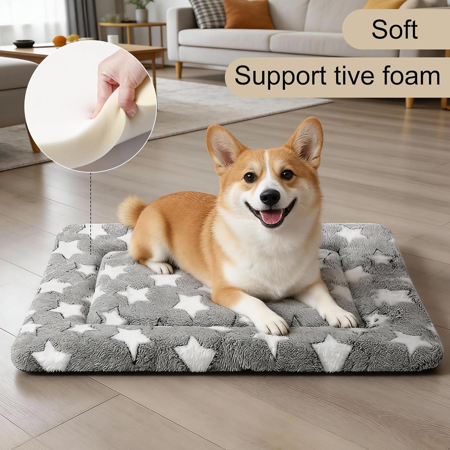 Dog Bed Mat, Reversible Crate Pad & Cute Dog Bed - Machine Washable Kennel Mat with Ultra Soft for Small Dogs (Cool/Warm), 24" x 18", Grey&Star