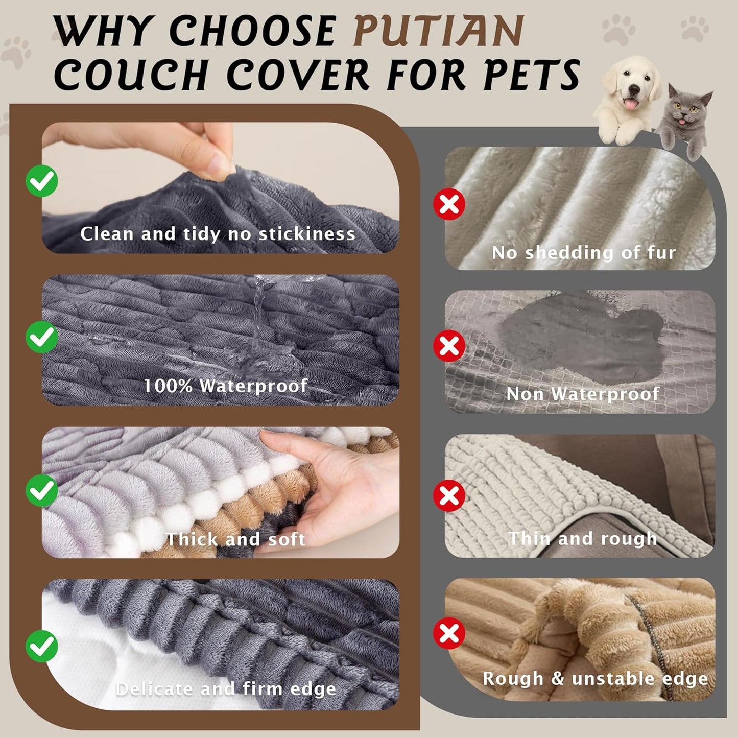 PuTian 100% Waterproof Fuzzy Couch Cover for Dogs Washable Non-Slip Furniture Cover Pet Friendly Dog Mat for Couches and Sofas White 27.6''x59'' 70cmx150cm