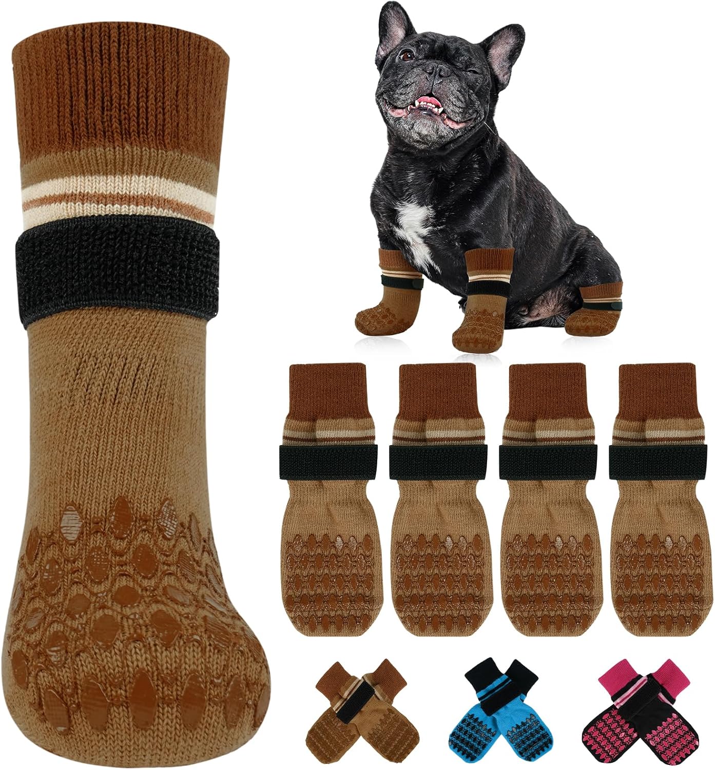 Kuoser Non Slip Dog Socks for Hardwood Floors, 4Pack Anti-Slip Dog Grippy Socks to Prevent Licking Paws, Dogs Booties Paw Protectors with Double-Sided Traction for Small Medium Large Senior Dogs, XS