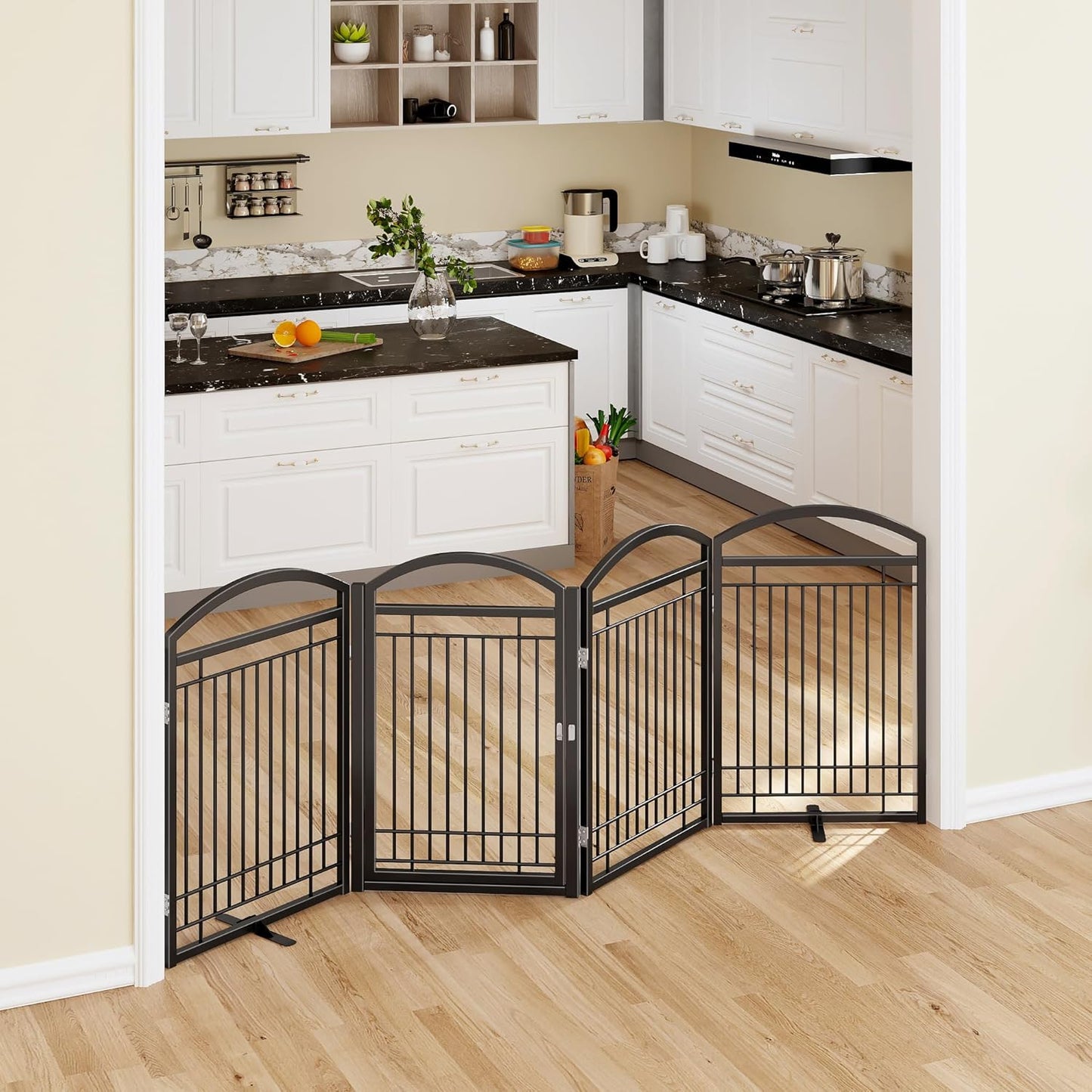 Folding No-Assembly Metal Freestanding Dog Gate with Door Walk Through,32" Height Pet Fence,144" Extra Wide Accordion Puppy Folding Playpen for Doorways,House,Stairs (6 Panels,White)