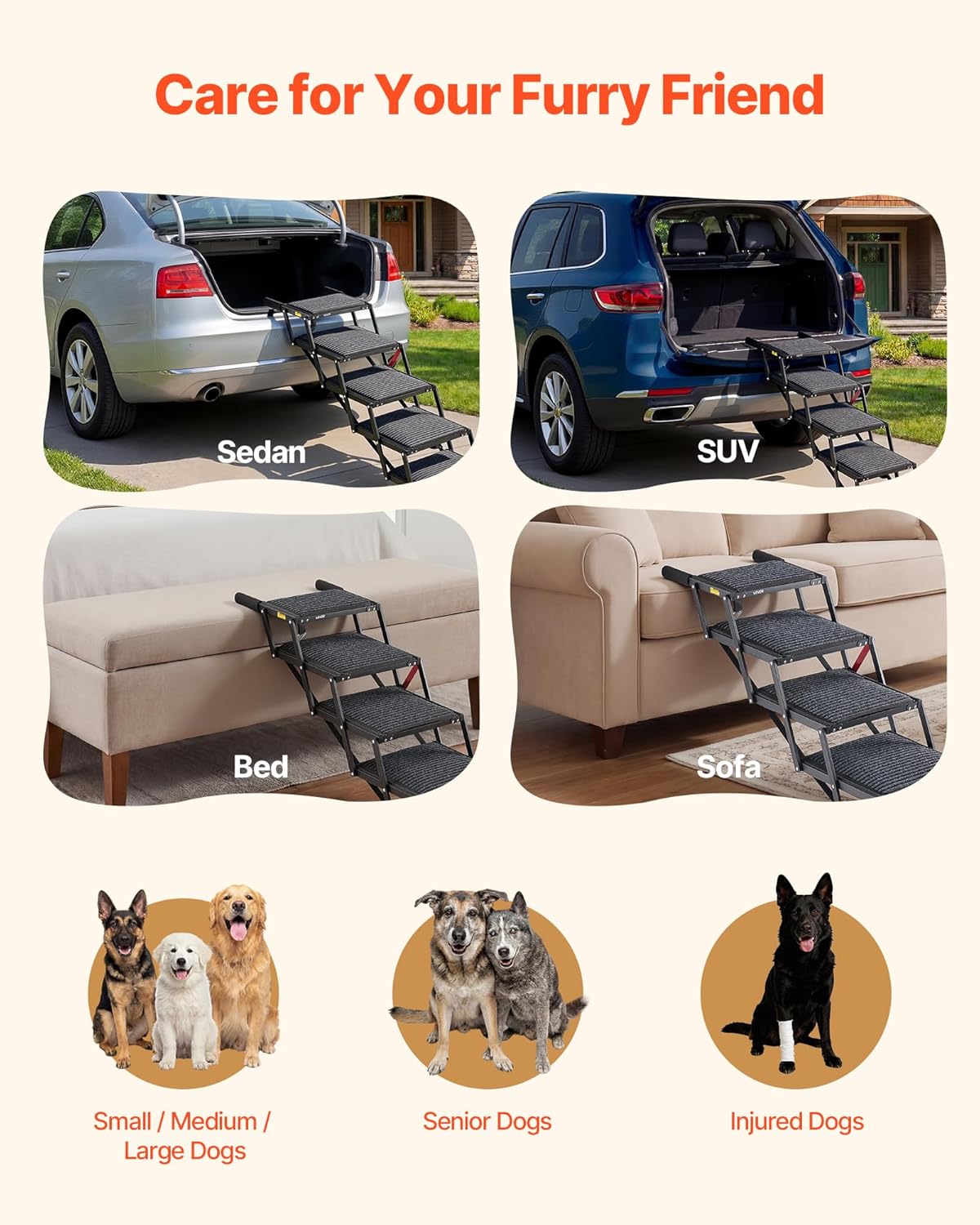 VEVOR Dog Stairs for Car, 4 Steps Extra Wide Foldable Dog Ramp for Large Dogs with Non-Slip Rug Surface, Portable Lightweight Pet Ladder for Car, SUV, Truck, High Beds, Sofas, Support up to 200 lbs