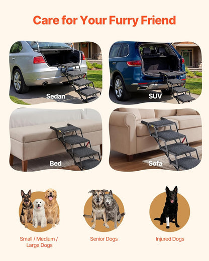 VEVOR Dog Stairs for Car, 4 Steps Extra Wide Foldable Dog Ramp for Large Dogs with Non-Slip Rug Surface, Portable Lightweight Pet Ladder for Car, SUV, Truck, High Beds, Sofas, Support up to 200 lbs