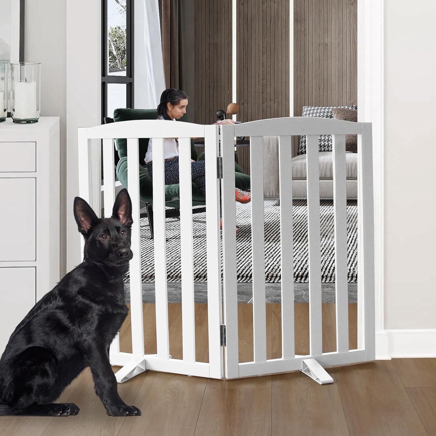 Freestanding Dog Gate Indoor,Doggie Gate Foldable Dog Gates for Doorways,Stairs or Hallways, Wooden White Pet Gate for the House, Pet Fence with Support Feet Included,24 "Height-4 Panels