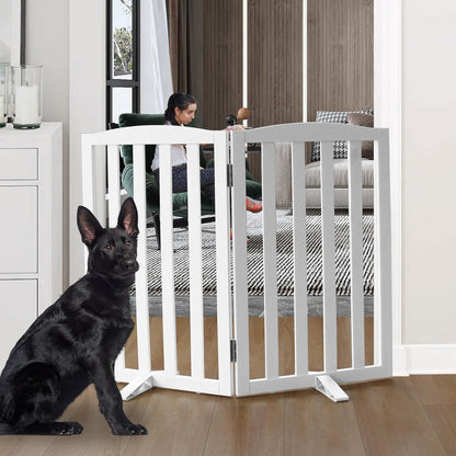 Freestanding Dog Gate Indoor,Doggie Gate Foldable Dog Gates for Doorways,Stairs or Hallways, Wooden White Pet Gate for the House, Pet Fence with Support Feet Included,24 "Height-4 Panels