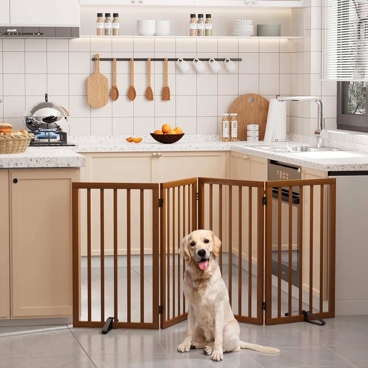 Freestanding Dog Gates Indoor, 3-Panel Pet Gates with 2 Metal Stands and 360° Hinge, 24" H Foldable Dog Gate for Stairs, Doorway, Kitchen, Expands Up to 55" Fully Assembled - Black Walnut