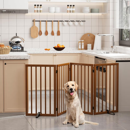 Freestanding Dog Gates Indoor, 3-Panel Pet Gates with 2 Metal Stands and 360° Hinge, 24" H Foldable Dog Gate for Stairs, Doorway, Kitchen, Expands Up to 55" Fully Assembled - Black Walnut