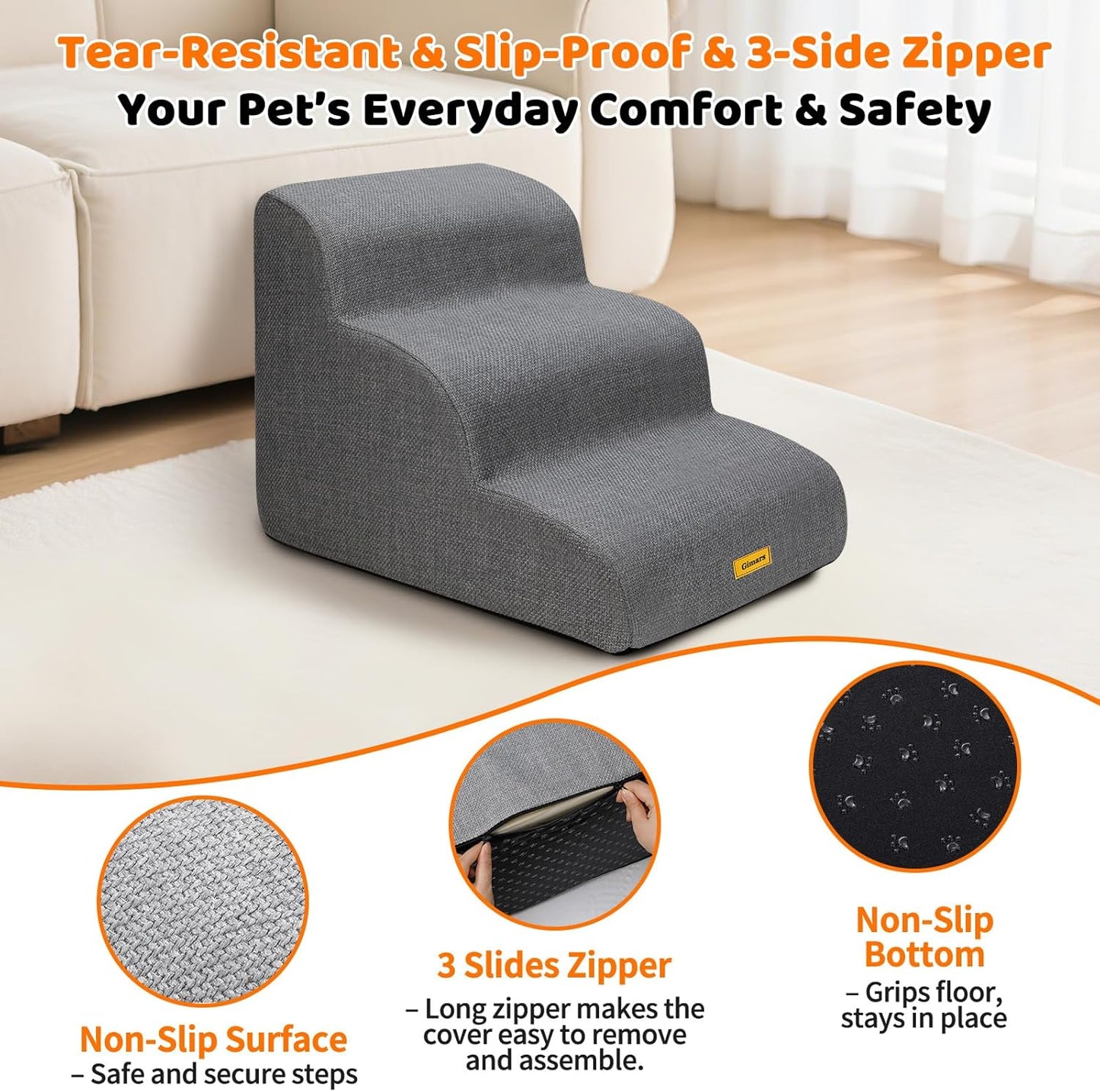 Gimars Upgraded 55CM Long Wide Steps 2 Step Dog Stairs for Small, Medium & Senior Dogs, 30CM High Ramp with 33D High-Density Foam, Linen Cover, Non-Slip Base, Supports 30KG, for Bed & Sofa