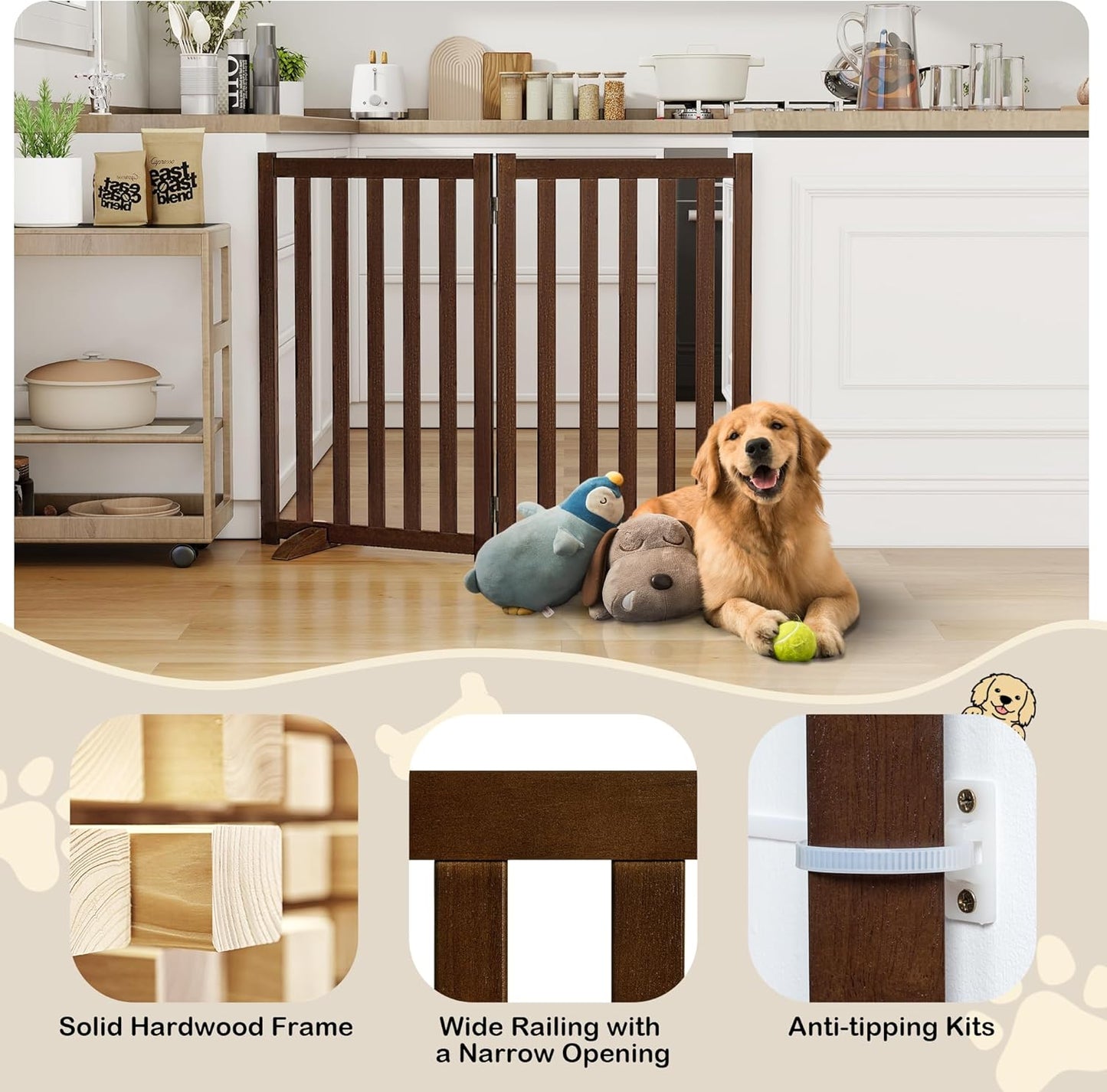 36" Height Extra Tall Freestanding Pet Gate, Solid Wood Folding Safety Fence Wooden Dog Gate with 2 PCs Support Feet Ideal for Stairs, Doorways, Halls, Kitchens, Heavy Duty Gates, 3 Panels, Oak