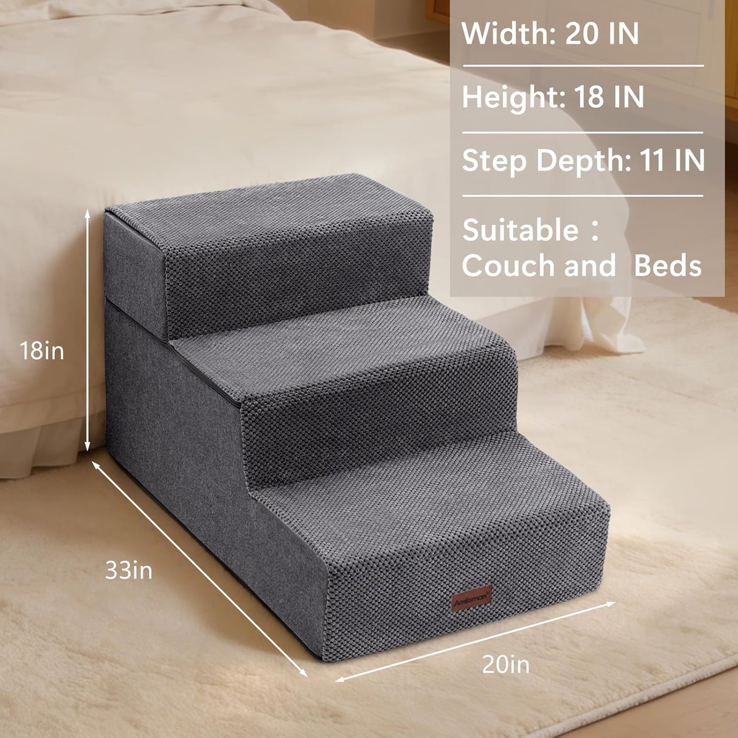 AODISMAN Dog Stairs for Large Dogs 18" H, Extra Wide Dog Steps for High Beds & Couches, 20" Wide Deep Steps, Non-Slip Dogs Ramp, 3-Step Pet Stairs, Grey