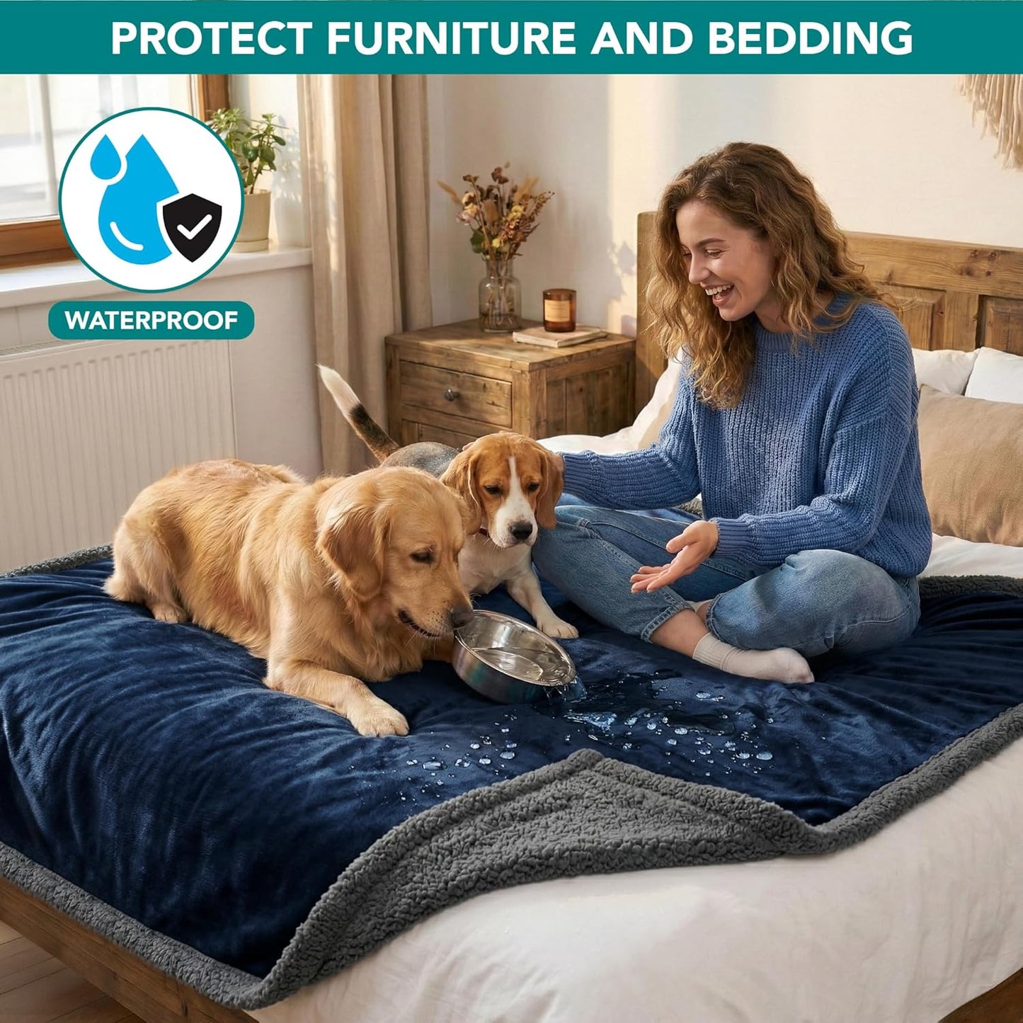 PetAmi Waterproof Dog Blanket for Couch, Large 60x40, Pee Proof Sherpa Fleece Reversible Pet Throw, Furniture Protector for Bed Sofa Kennel, Soft Washable Cover for Medium Dogs Cats, Grey Sherpa