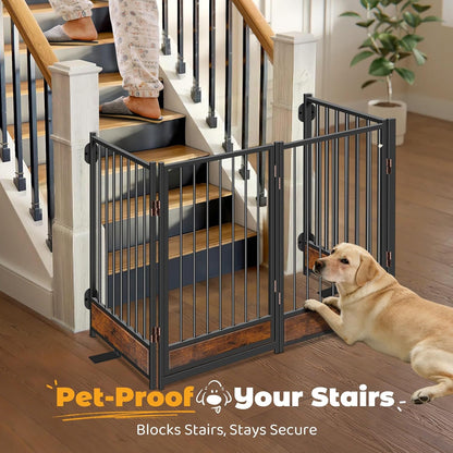 Freestanding Short Dog Gate, 16" Tall Pet Gate Indoor with Support Feet Easily Step Over, 4 Panel Metal Wood Foldable Pet Dog Gate, Up to 48" Wide Puppy Fence, Puppy Gate for for Doorway&Hallway Black