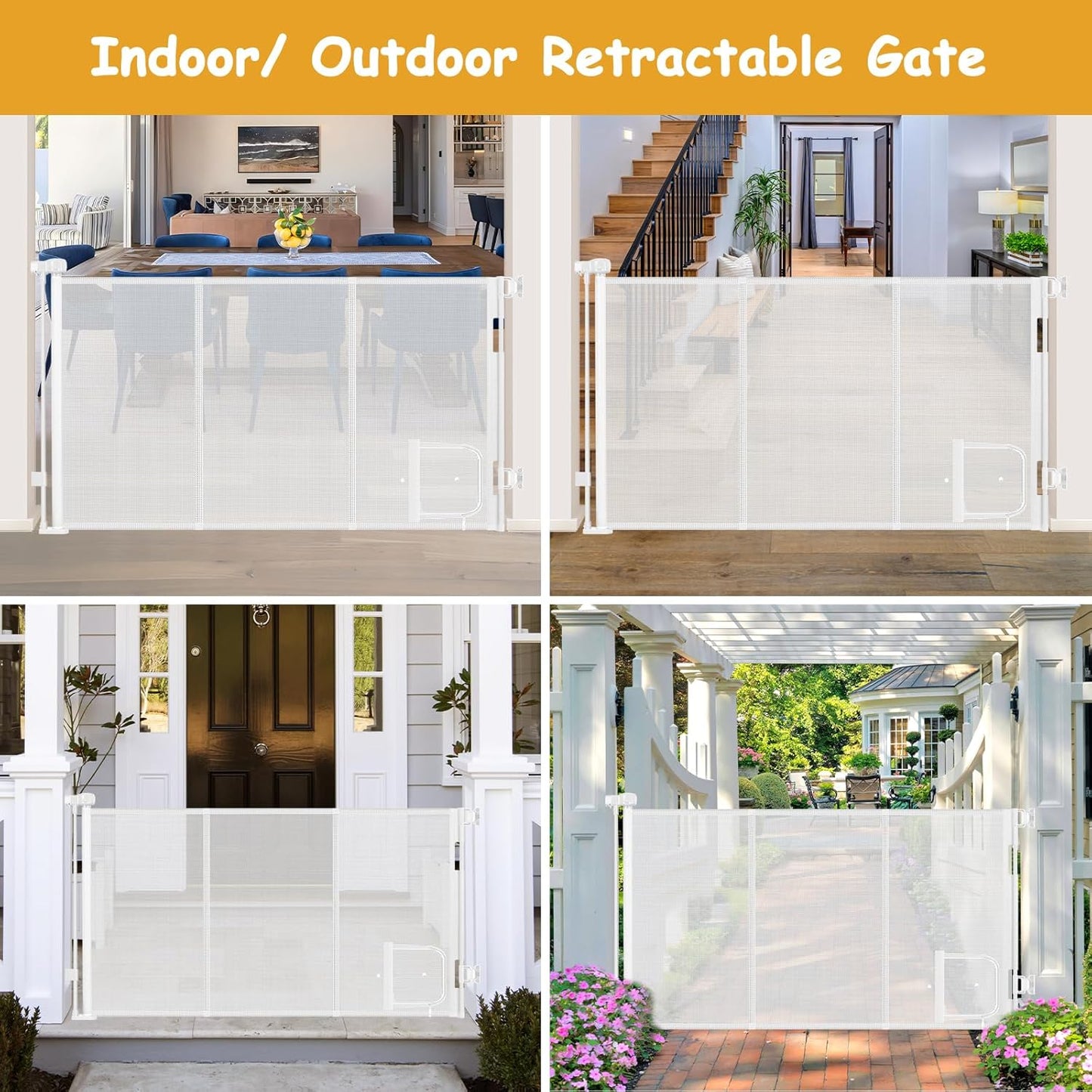 Reinforced 60” Wide Retractable Dog Gate with Cat Door Gates for Pets with Reinforced Strips 33” Tall Mesh Baby Gate Retractable Pet Gates for Dogs Indoor with Door Cats Can in and Out Freely, Gray