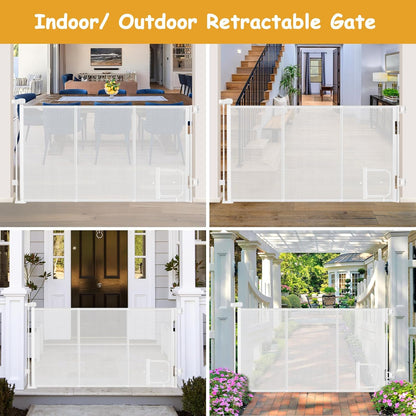 Reinforced 60” Wide Retractable Dog Gate with Cat Door Gates for Pets with Reinforced Strips 33” Tall Mesh Baby Gate Retractable Pet Gates for Dogs Indoor with Door Cats Can in and Out Freely, Gray