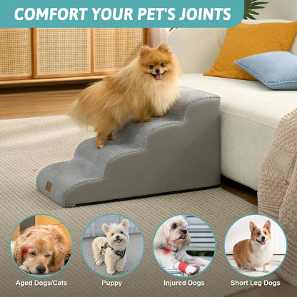 COZY KISS Dog Stairs for Small Dogs 15.7" H, 4-Step Sturdy Foam Dog Steps for Couch and Bed, Curved Pet Stairs for Puppy and Older Cat, Doggie Ladder with Washable Cover, 15.7x28.3x15.7 inch, Beige