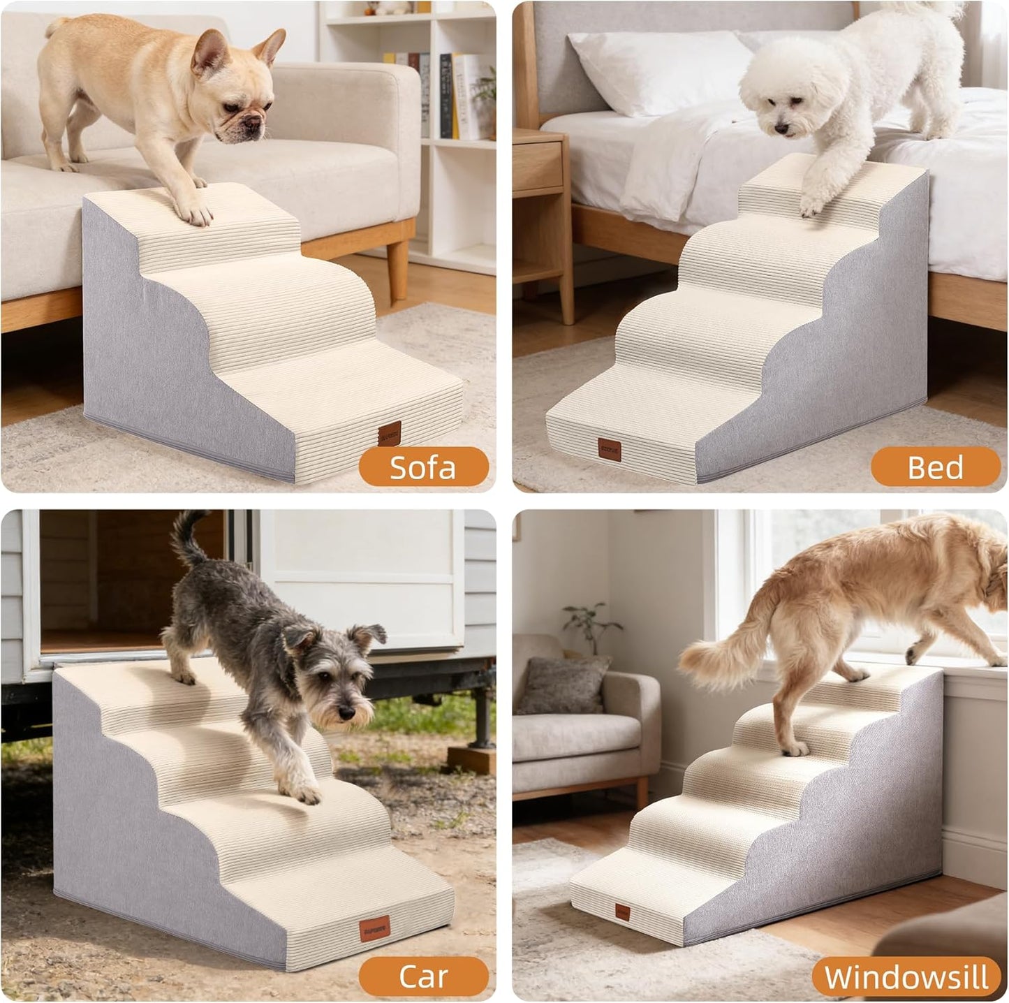 Dog Stairs for Small Dogs and Cats, 15.7" H, 3-Step Curved Pet Ramp for Couch Sofa and Chair, Non-Slip Medium Pet Steps with High Density Foam, Beige