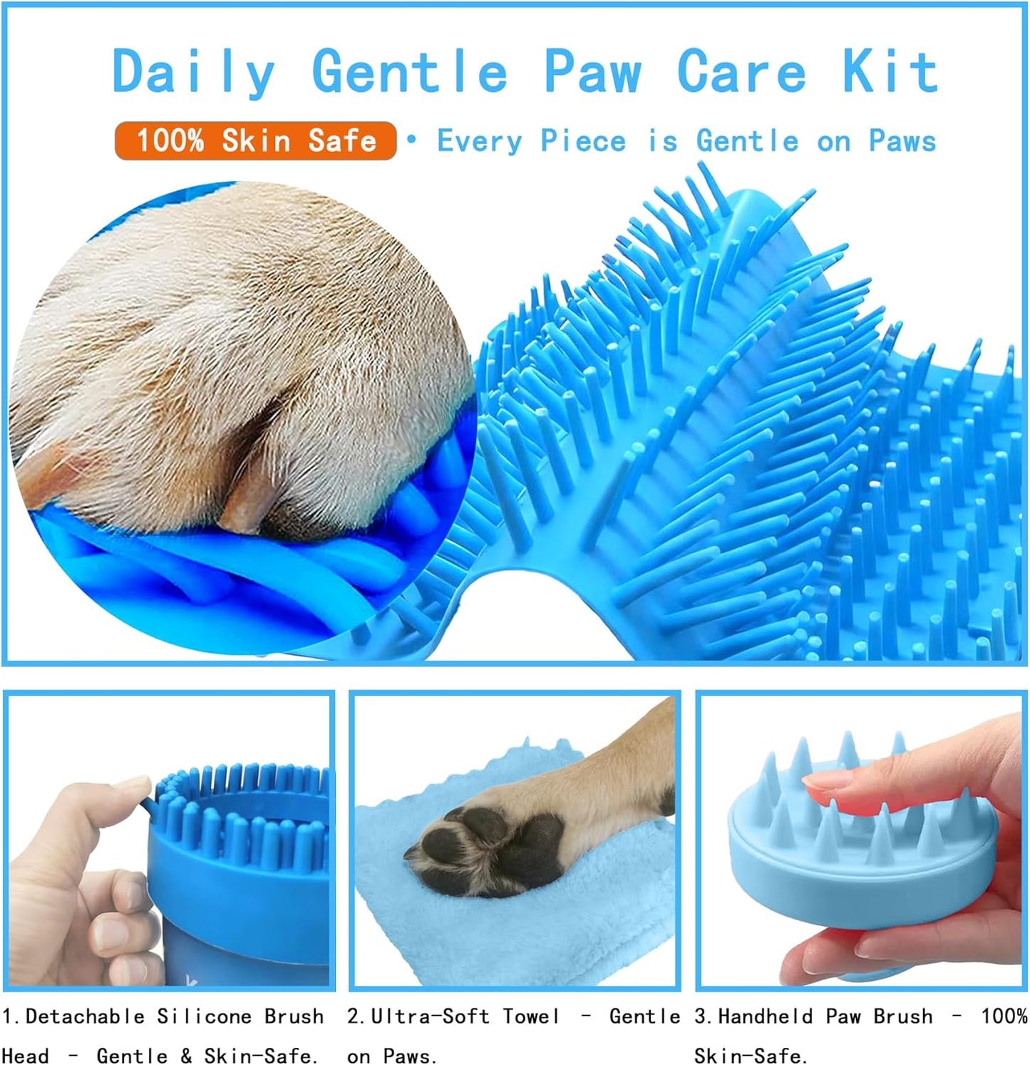 Dog Paw Cleaner Kit for L/XL Dogs - Quick Clean No Full Bath, 2-in-1 Paw Wash Cup with Detachable Silicone Brush Head, Includes Bath Brush & 3 Absorbent Towels, Blue