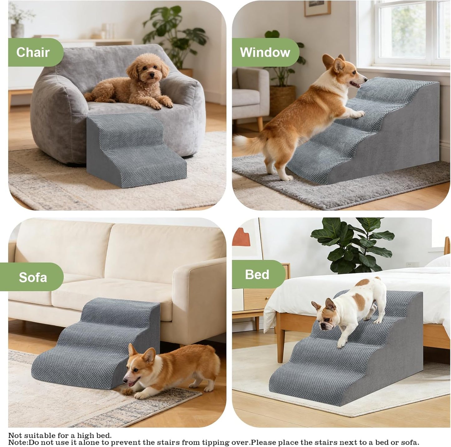 Dog Stairs for Couch, 3 Steps 13.8" H Non-Slip Pet Stair, Balanced Stable Pet Ramp for Small Dogs, Indoor Furniture Step, Gray