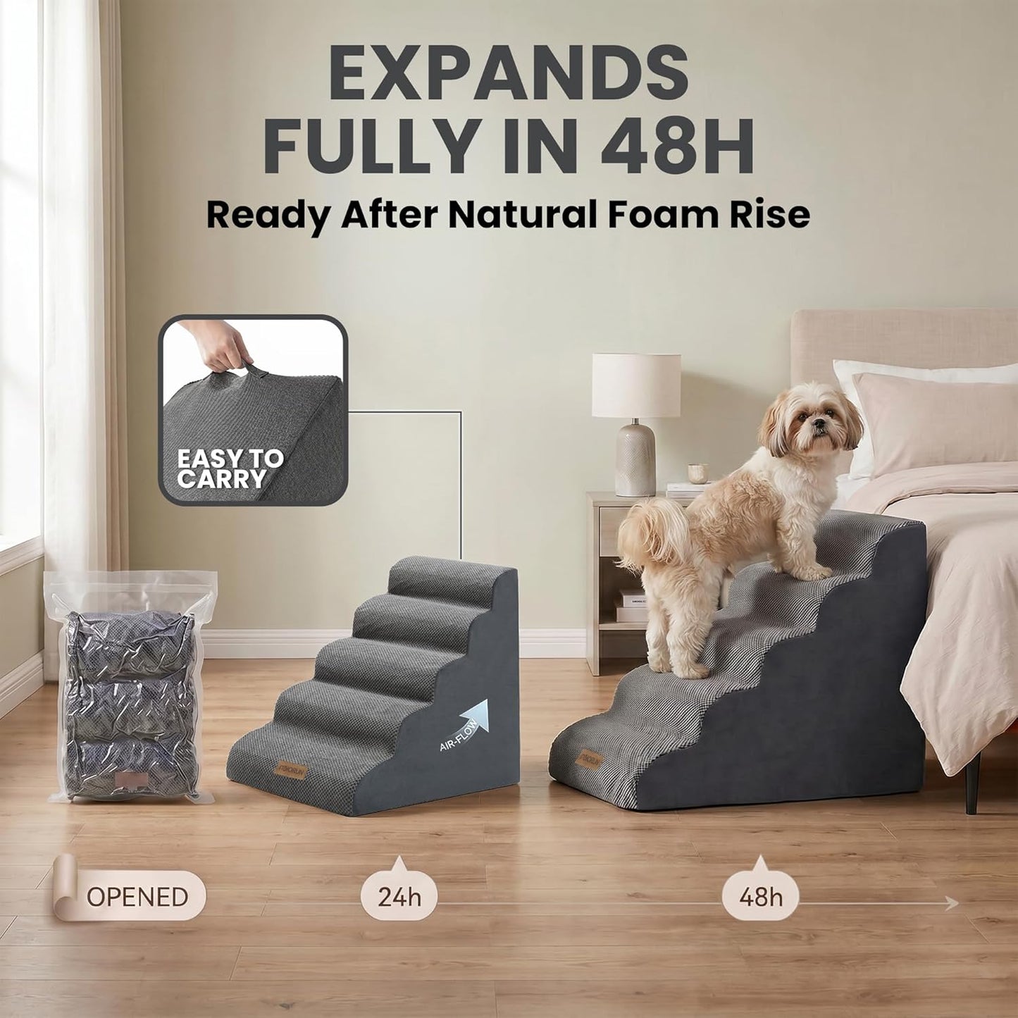 Dog Stairs for High Beds Up to 30", Extra-Tall 5-Step Dog Steps for Bed, 24.5" Tall Foam Pet Stairs for Small & Medium Dogs, Gentle Slope Cat Ramp for Bed with Washable Cover