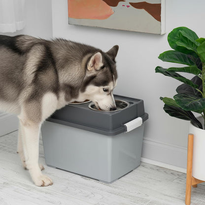 IRIS USA Dog Bowls Elevated with Storage, 15" H Raised Feeding Station, Dog Bowl Stand with Airtight Food Storage Holds 47 lbs, 2 Removable 64 oz Stainless Steel Bowls for Large Dogs, Smoke/Black