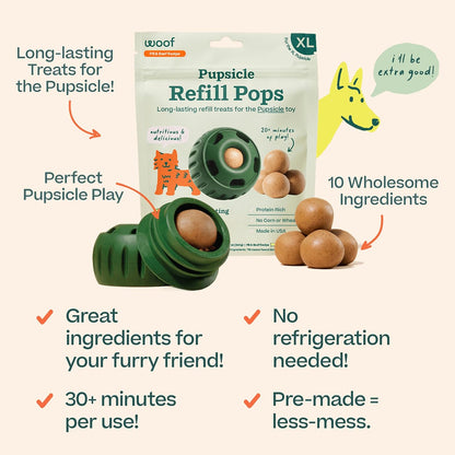 WOOF Pupsicle Refill Pops - Low-Mess Dog Snacks - with Peanut Butter and Beef - Dog Treats - Long Lasting - Large Pops - 7 Count