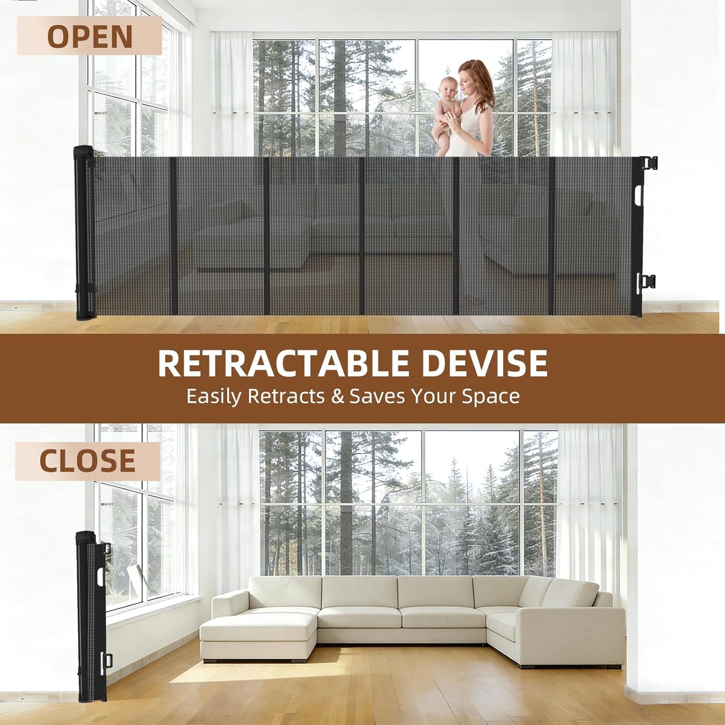 Retractable Baby Gate, 55 in Wide x 33 in Tall Mesh Dog Gate, Hardware Mounted Safety Gate with Double Lock for Doorways, Hallways, Indoor Outdoor, White