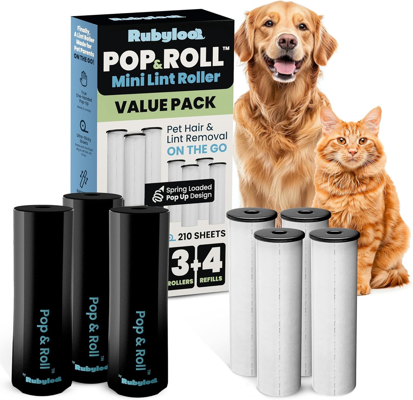 Mini Lint Roller for Pet Hair Extra Sticky (3 Pack + 4 Refill Rolls) - Travel Size Pet Hair Roller with Retractable Cover - Cat & Dog Fur Remover for Clothes