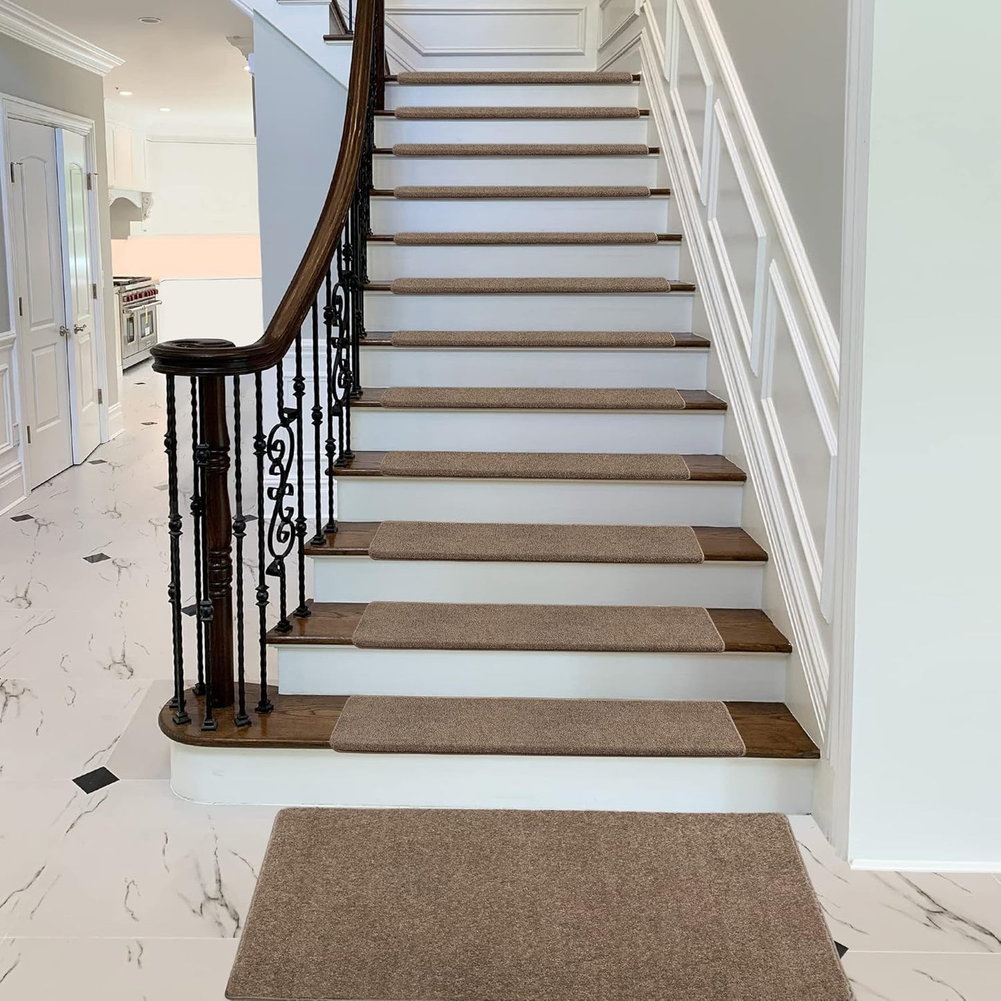 PURE ERA Bullnose Carpet Stair Treads Set Tape Free Non-Slip Indoor Stair Protectors Pet Friendly Rugs Covers Soft Skid Resistant Washable Reusable 9.5" x 30"(14 Pieces,Cream Gray)