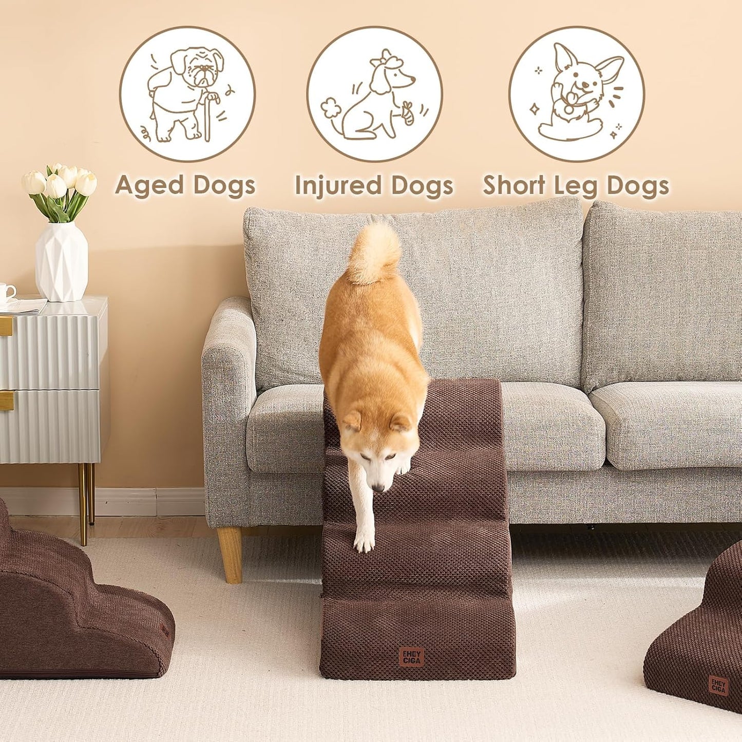 EHEYCIGA Curved Dog Stairs Ramp for High Beds 19.7" H, 4-Step Dog Steps for Small Dogs and Cats, Pet Stairs for High Bed Climbing, Non-Slip Balanced Pet Step Indoor, Grey