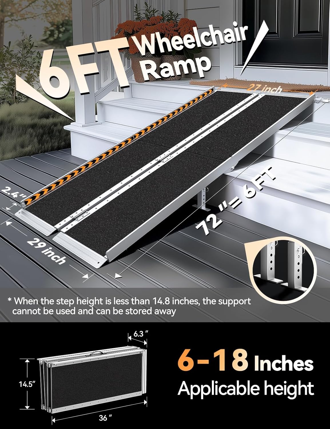 FACHNUO 2 Feet Portable Wheelchair Ramp, Non-Skid Aluminum Handicap Ramps with Handle, Folding Threshold Wheel Chair Ramp for Home Steps, Stairs, Entry, Doorways, Applicable Height 2-6 inches