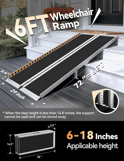 FACHNUO 2 Feet Portable Wheelchair Ramp, Non-Skid Aluminum Handicap Ramps with Handle, Folding Threshold Wheel Chair Ramp for Home Steps, Stairs, Entry, Doorways, Applicable Height 2-6 inches