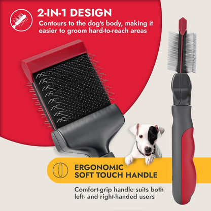 KONG Double-Sided Rake & Deshedding Tool – Detangling & Shedding Control, Rounded Metal Tips, Non-Slip Grip, for Medium to Large Dogs with Medium to Long Coats, Red/Gray