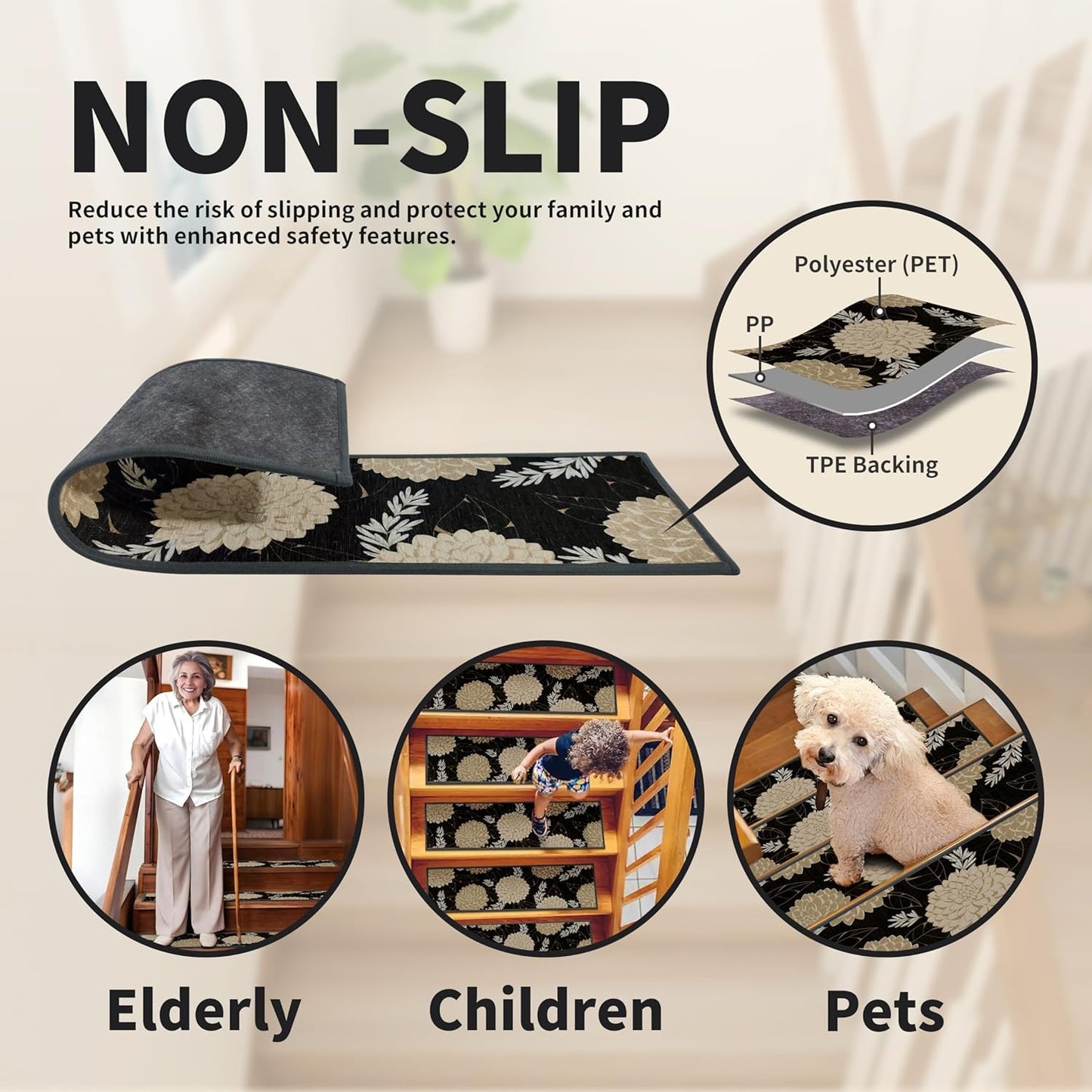 Non-Slip Stair Treads for Wooden Steps 15pcs,8"x30" Stair Carpet Treads for Indoor Use,Peel and Stick Stair Runners,Washable Reusable Adhesive Backing,Pet-Friendly Stair Capet for Kids,Elders,Dogs