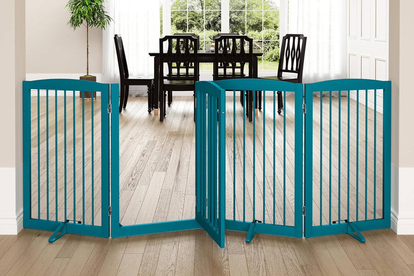 PUPETPO Freestanding Dog Gate with Door, Pet Gate for Stairs, 80 inch Wide Pet Barrier Indoor, Dog Fences Indoor, Support Feet Included, 4 Panels, 24" Tall, Dark Brown