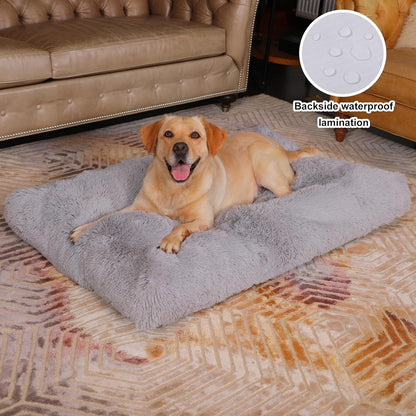Bedfolks Waterproof Dog Crate Bed, Plush With Removable Washable Cover, Faux Fur Crate Pad for Medium Dogs, Fluffy Kennel 29"x21", Dark Grey