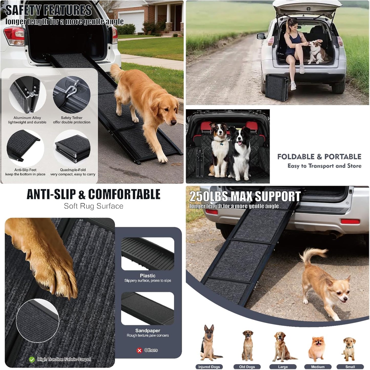 Dog Ramp for Car, 65"X17" Folding Pet Gentle Slope for Truck, SUV, Outdoor Large Pet Stair Ramps with Non-Slip Surface & Aluminum Construction for Medium & Large Dogs, Up to 250lbs, Black