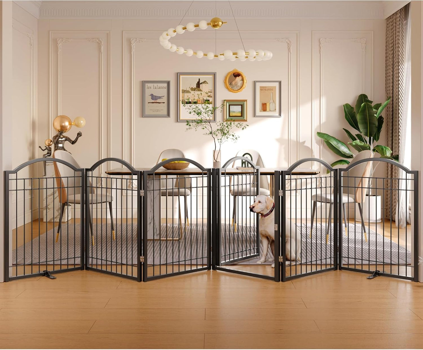 BHG Metal No-Assembly Freestanding Dog Gate with Door Walk Through, Extra Wide 144", Extra Tall 32" Pet Gate, Accordion Puppy Folding Playpen Dog Fence, with 2PCS Support (Black, 6 panesl)