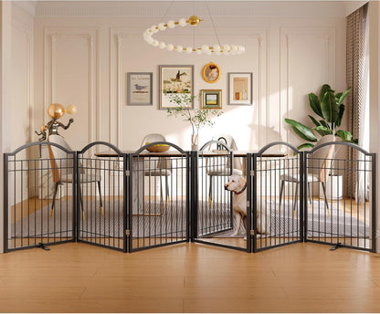 BHG Metal No-Assembly Freestanding Dog Gate with Door Walk Through, Extra Wide 144", Extra Tall 32" Pet Gate, Accordion Puppy Folding Playpen Dog Fence, with 2PCS Support (Black, 6 panesl)