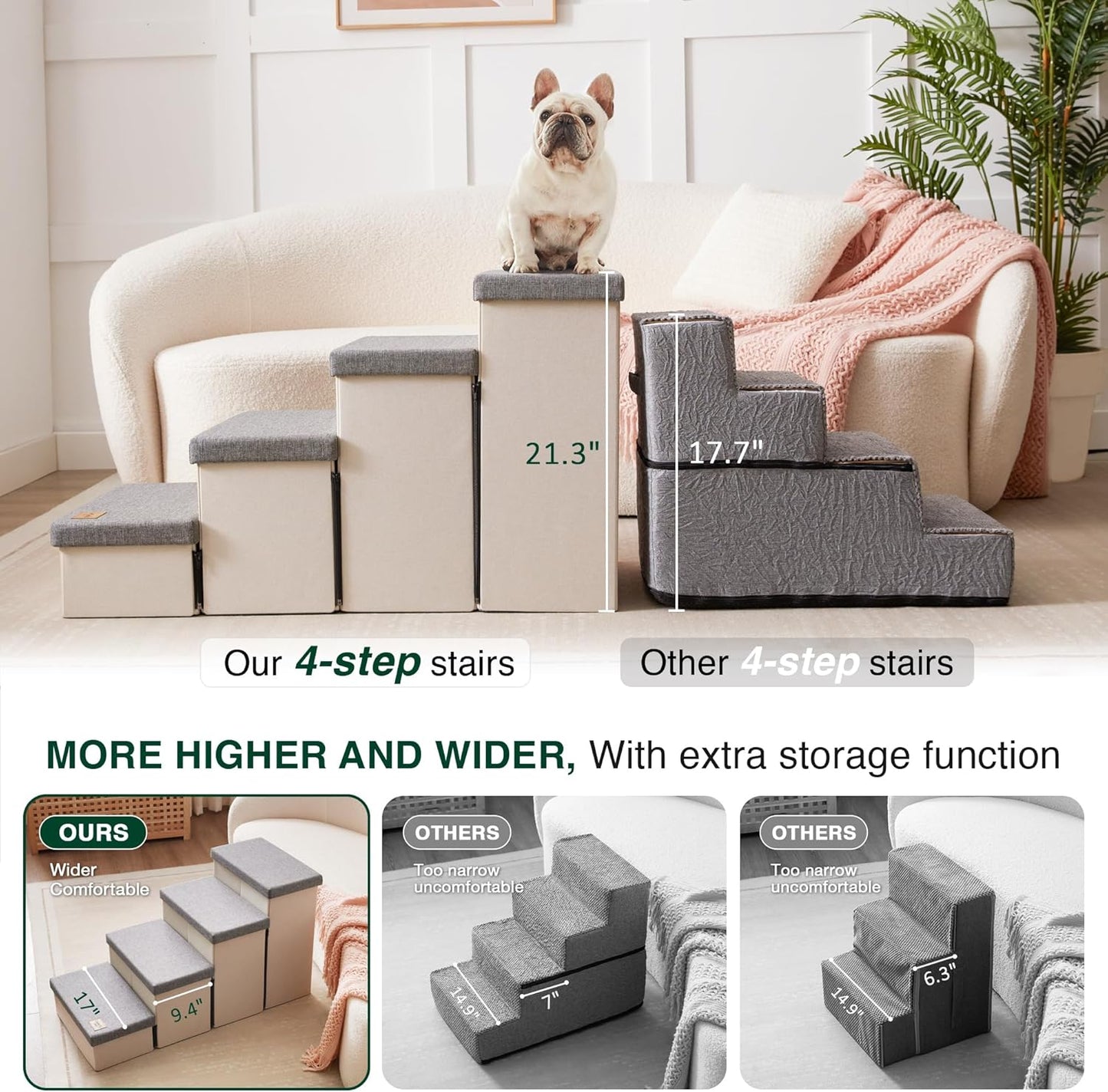 Love's cabin Dog Stairs with Storage 13" H, Foldable Pet Stairs for Small Medium or Large Dogs, Cat Puppy Steps Ramp with Zip up to 150 lbs, Solid Grey, 2 Steps