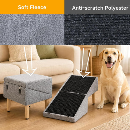 3-in-1 Dog Ramp with Storage 18.9"×17.7"×18.9", Dog Steps Anti-Slip, Foldable Pet Stairs, Ottoman Pet Ramp for Puppy Senior or Injured Dogs & Cats, Supports 220 lbs for Couch & Bed