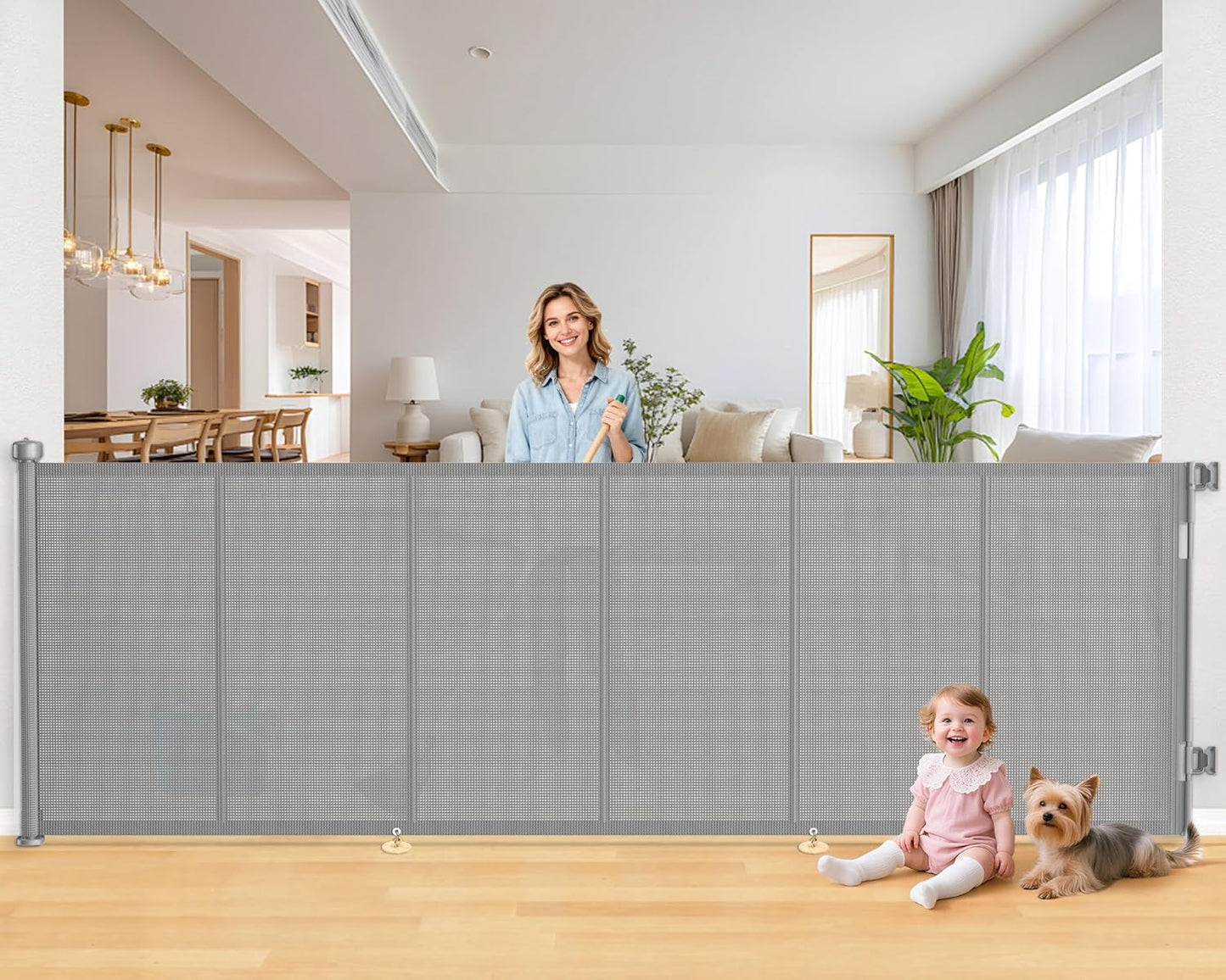 Upgrade 120 inch Retractable Baby Gates, EZIGO Extra Wide Baby Gate for Large Opening Extra Long Mesh Gate for Kids or Pet Dog Gate Child Safety Gate for Stairs Hallways Doorway Indoor Outdoor, Gray