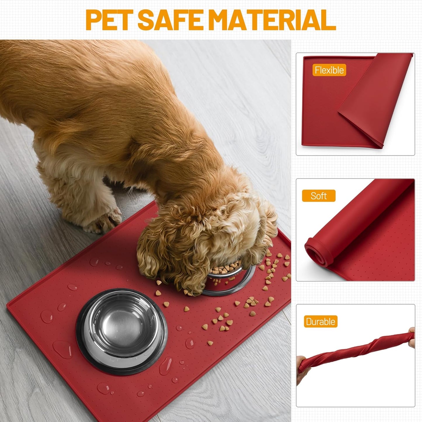 Hubulk Dog Feeding Mat,100% Waterproof Food Grade Silicone Pet Food and Water Bowl Placemat,Dishwasher, High Raised Edge to Prevent Spills,Nonslip Tray to Stop Messes on Floor (19"x12"x0.5", Grey)