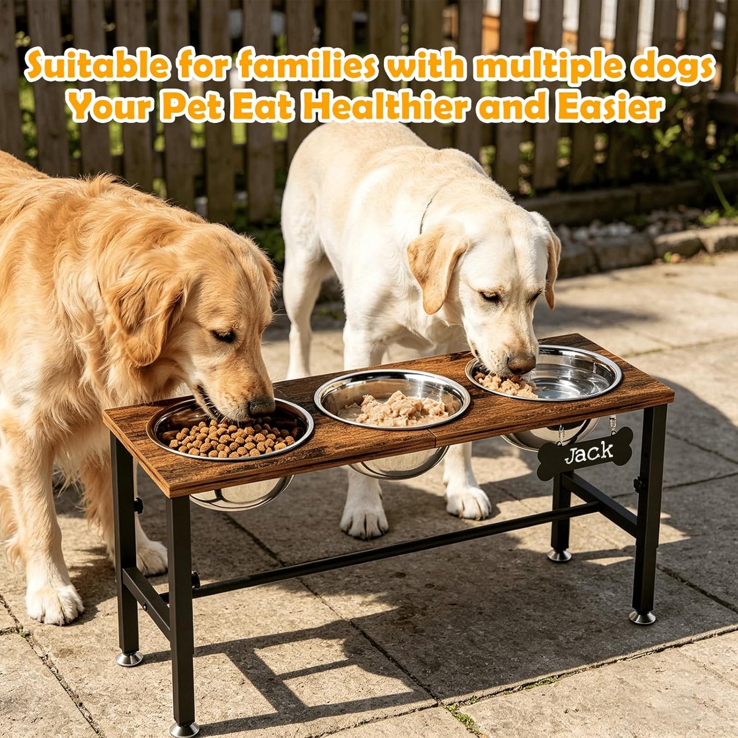 ADENGL Metal Raised Dog Bowl, 10" Tall Elevate Dog Feeder Stand with 2 Stainless Steel 42oz Bowls & 16x24 Non-Slip Mat – Stronger Dogs Food & Water Bowl Stand (Black)