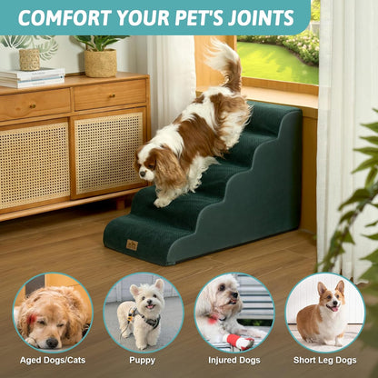 COZY KISS Dog Stairs for Small Dogs 15.7" H, Curved Dog Step for Puppy, Older Cat, Medium Pet Ramp for Sofa, Couch or Chair, Ladder with High Density Foam, 3 Step, 15.7x22.4x15.7 inch, Beige