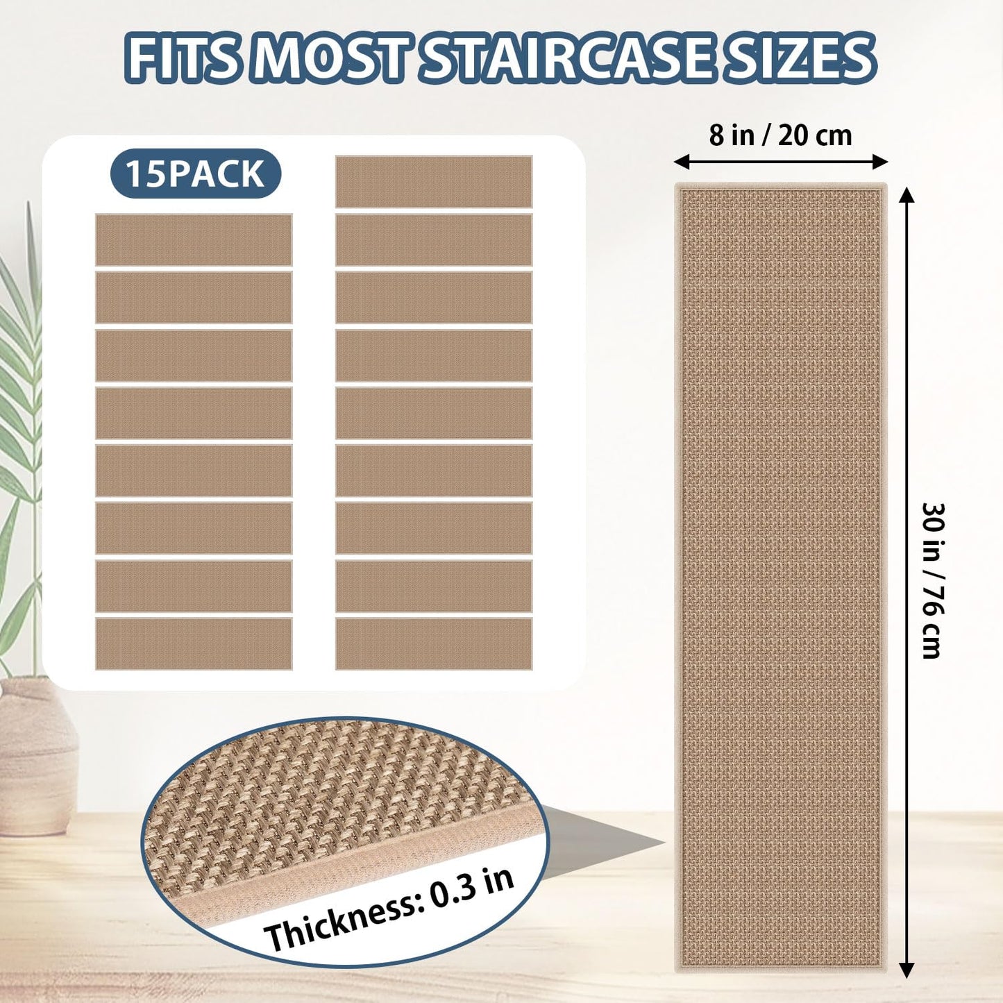 Peel and Stick Adhesive Stair Treads for Wooden Steps Indoor Set of 15 Pack, Rubber Backed Non Slip Jute Stair Rug Step Pads for Pet Dog, Elders and Kids, Beige