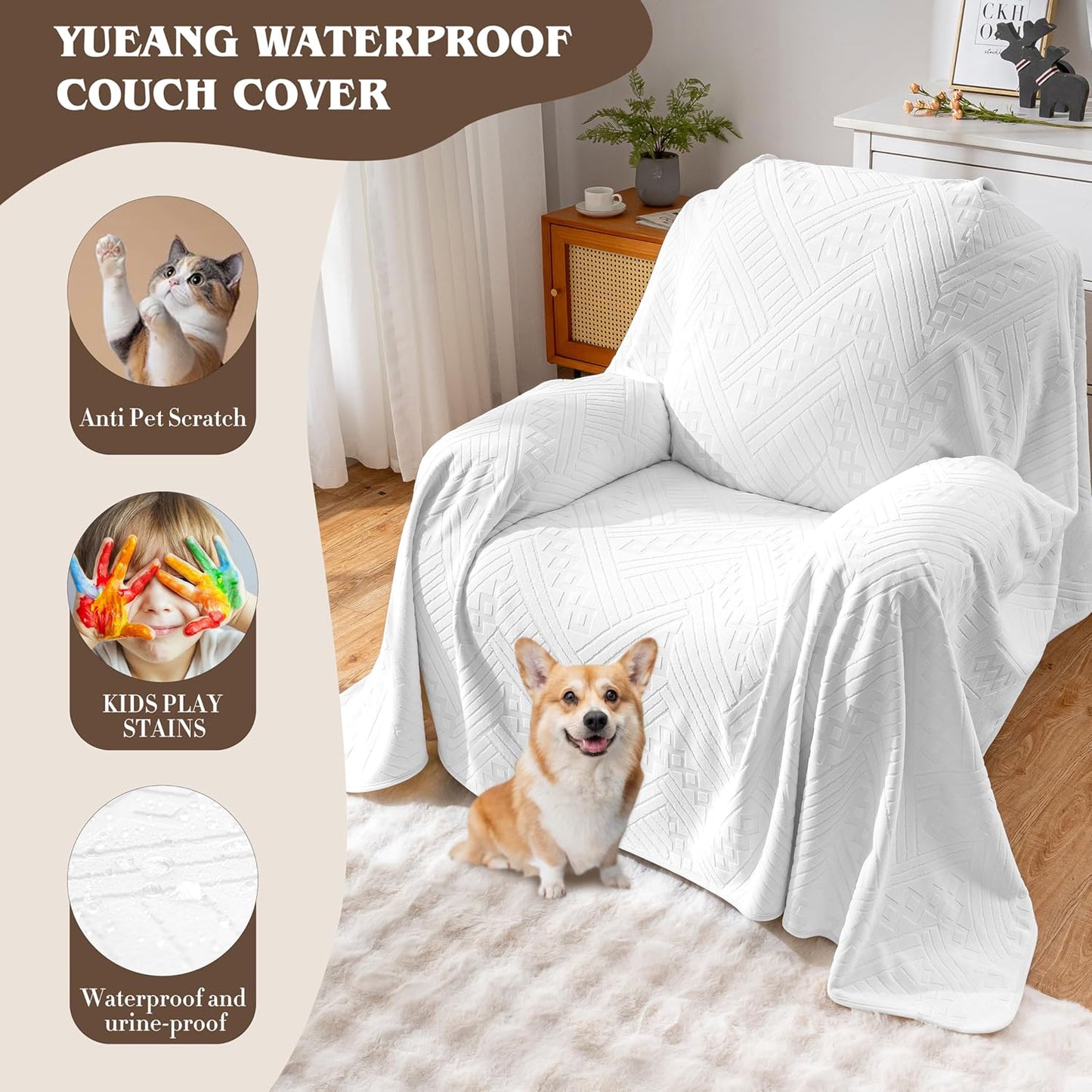 Waterproof Couch Cover, Reversible, Pet-Friendly, Washable and Anti-Slip Couch Covers for Sofa Protection with 3 Cushions, Sofa Slipcovers for Dogs and Cats (71×118in/Brown)